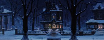 Movie still from “Lady and the Tramp” (1955), directed by Clyde Geronimi – An illustration of a house in the snow at night; Extreme Wide shot, Low angle