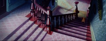 Movie still from “Lady and the Tramp” (1955), directed by Clyde Geronimi – A painting of a staircase with a book on it; Extreme Wide shot, High angle