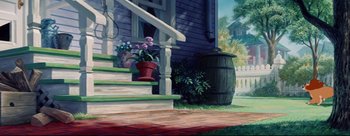 Movie still from “Lady and the Tramp” (1955), directed by Clyde Geronimi – A painting of a porch with a potted plant on the steps; Wide shot, Low angle