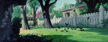 Movie still from “Lady and the Tramp” (1955), directed by Clyde Geronimi – A painting of birds flying over a tree; Extreme Wide shot, Low angle