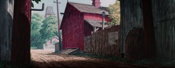 Movie still from “Lady and the Tramp” (1955), directed by Clyde Geronimi – A painting of an old red barn with a wooden fence; Extreme Wide shot, Low angle