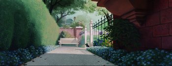 Movie still from “Lady and the Tramp” (1955), directed by Clyde Geronimi – A painting of a garden with a bench and a gate; Extreme Wide shot, High angle