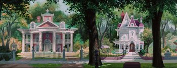 Movie still from “Lady and the Tramp” (1955), directed by Clyde Geronimi – A person standing next to a tree in front of some houses; Extreme Wide shot, Low angle