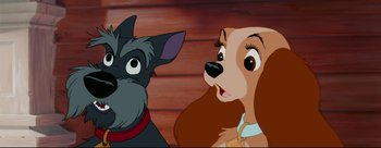 Movie still from “Lady and the Tramp” (1955), directed by Clyde Geronimi – A dog and a lady looking at each other; Close Up shot, Low angle