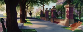 Movie still from “Lady and the Tramp” (1955), directed by Clyde Geronimi – A man standing on a sidewalk next to a gate; Extreme Wide shot, Low angle