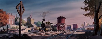 Movie still from “Lady and the Tramp” (1955), directed by Clyde Geronimi – A train on the tracks near a water tower; Extreme Wide shot, High angle