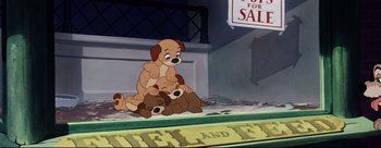 Movie still from “Lady and the Tramp” (1955), directed by Clyde Geronimi – A couple of dogs that are sitting on the ground; Wide shot, Low angle