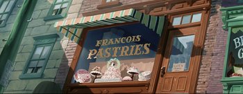 Movie still from “Lady and the Tramp” (1955), directed by Clyde Geronimi – A pastry shop window with many cakes on display; Wide shot, High angle