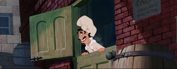 Movie still from “Lady and the Tramp” (1955), directed by Clyde Geronimi – A cartoon of a chef looking out of a window; Medium shot, Low angle