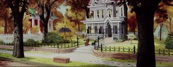 Movie still from “Lady and the Tramp” (1955), directed by Clyde Geronimi – A painting of a house with a dog sitting in front of it; Extreme Wide shot, Low angle