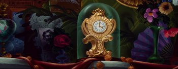 Movie still from “Lady and the Tramp” (1955), directed by Clyde Geronimi – A painting of a gold clock in front of roses; Medium shot, Low angle