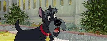 Movie still from “Lady and the Tramp” (1955), directed by Clyde Geronimi – A cartoon of a black dog with a red collar; Close Up shot, Low angle