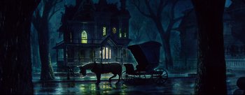 Movie still from “Lady and the Tramp” (1955), directed by Clyde Geronimi – A painting of a horse and carriage in the rain; Wide shot, Low angle