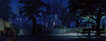Movie still from “Lady and the Tramp” (1955), directed by Clyde Geronimi – A painting of a house in the night time; Extreme Wide shot, Low angle