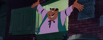 Movie still from “Lady and the Tramp” (1955), directed by Clyde Geronimi – A cartoon character with his arms outstreched; Medium shot, Low angle