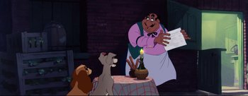 Movie still from “Lady and the Tramp” (1955), directed by Clyde Geronimi – A cat and a bear are sitting in front of a table; Medium shot, Low angle