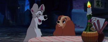 Movie still from “Lady and the Tramp” (1955), directed by Clyde Geronimi – Lady and the tramp are sitting on the floor; Medium shot, Over the shoulder angle