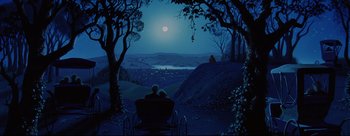 Movie still from “Lady and the Tramp” (1955), directed by Clyde Geronimi – Two people are sitting in a horse drawn carriage at night; Extreme Wide shot, High angle