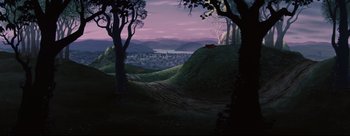 Movie still from “Lady and the Tramp” (1955), directed by Clyde Geronimi – A painting of a hilly area with trees and a lake in the background; Extreme Wide shot, High angle