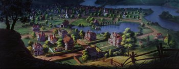 Movie still from “Lady and the Tramp” (1955), directed by Clyde Geronimi – An oil painting of a town with a lake and a church; Extreme Wide shot, High angle