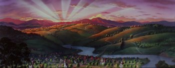 Movie still from “Lady and the Tramp” (1955), directed by Clyde Geronimi – An oil painting of a town and a mountain range; Extreme Wide shot, Low angle