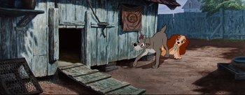 Movie still from “Lady and the Tramp” (1955), directed by Clyde Geronimi – A dog standing in front of a wooden barn; Wide shot, High angle