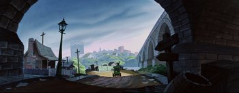 Movie still from “Lady and the Tramp” (1955), directed by Clyde Geronimi – A train traveling down the tracks near a bridge; Extreme Wide shot, Low angle