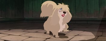 Movie still from “Lady and the Tramp” (1955), directed by Clyde Geronimi – A cartoon of a white dog standing on a tiled floor; Close Up shot, Low angle
