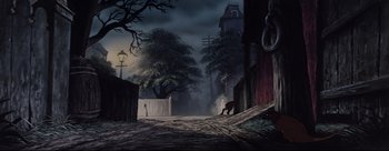 Movie still from “Lady and the Tramp” (1955), directed by Clyde Geronimi – A dog walking down the street at night; Extreme Wide shot, High angle