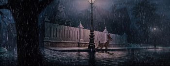 Movie still from “Lady and the Tramp” (1955), directed by Clyde Geronimi – A painting of a dog walking in the rain by a lamp post; Wide shot, High angle