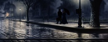 Movie still from “Lady and the Tramp” (1955), directed by Clyde Geronimi – A man and a woman walking down a street holding an umbrella; Wide shot, High angle