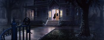 Movie still from “Lady and the Tramp” (1955), directed by Clyde Geronimi – A painting of a person walking down the steps of a house with a black cat; Extreme Wide shot, Low angle