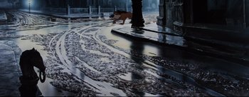 Movie still from “Lady and the Tramp” (1955), directed by Clyde Geronimi – A dog walking down a wet sidewalk in the rain; Wide shot, High angle