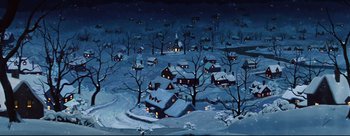 Movie still from “Lady and the Tramp” (1955), directed by Clyde Geronimi – An oil painting of a snowy village at night; Extreme Wide shot, High angle