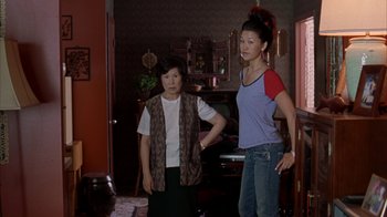 Movie still from “Lady in the Water” (2006), directed by M. Night Shyamalan – Two women standing in a living room next to each other; Medium shot, Low angle