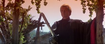 Movie still from “Ladyhawke” (1985), directed by Richard Donner – A man holding a sword in front of a tree; Medium shot, Low angle