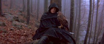 Movie still from “Ladyhawke” (1985), directed by Richard Donner – A man sitting on the ground with a bird of prey on his lap; Medium shot, Low angle