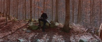 Movie still from “Ladyhawke” (1985), directed by Richard Donner – A man sitting on a rock in the middle of a forest; Wide shot, High angle