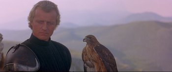 Movie still from “Ladyhawke” (1985), directed by Richard Donner – A man standing next to a bird of prey on a hill; Close Up shot, Low angle
