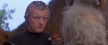Movie still from “Ladyhawke” (1985), directed by Richard Donner – A man with a bird in his hand and a bird in his other hand; Close Up shot, Over the shoulder angle