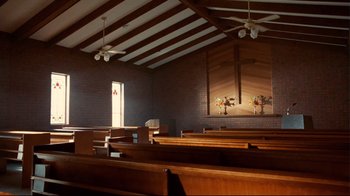 Movie still from “Lake Mungo” (2008), directed by Joel Anderson – A church with a wooden pews in the middle of the room; Extreme Wide shot, High angle
