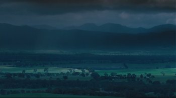 Movie still from “Lake Mungo” (2008), directed by Joel Anderson – A view of a large open field at night time; Extreme Wide shot, High angle