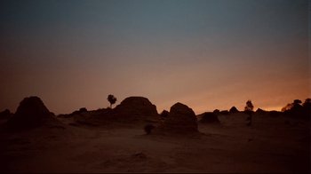 Movie still from “Lake Mungo” (2008), directed by Joel Anderson – A tree in the middle of a desert at sunset; Extreme Wide shot, Low angle