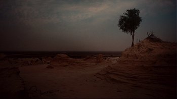 Movie still from “Lake Mungo” (2008), directed by Joel Anderson – A lone tree stands in the middle of the desert; Extreme Wide shot, Low angle