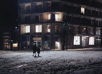 Two people are walking in the snow near a building at night