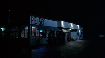 Movie still from “Lantana” (2001), directed by Ray Lawrence – A pie - sky restaurant is lit up at night; Extreme Wide shot, Low angle