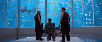 Movie still from “We're the Millers” (2013), directed by Rawson Marshall Thurber – A group of men standing in front of an aquarium; Wide shot, High angle