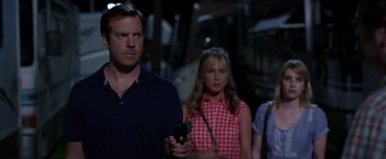 Movie still from “We're the Millers” (2013), directed by Rawson Marshall Thurber – A group of people standing next to each other holding guns; Medium shot, Over the shoulder angle