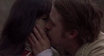 Movie still from “Lars and the Real Girl” (2007), directed by Craig Gillespie – A man and a woman kissing each other; Close Up shot, Over the shoulder angle