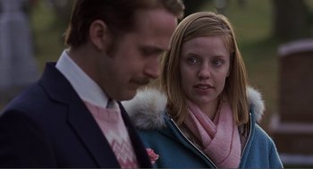 Movie still from “Lars and the Real Girl” (2007), directed by Craig Gillespie – A man and a woman standing next to each other; Close Up shot, Over the shoulder angle